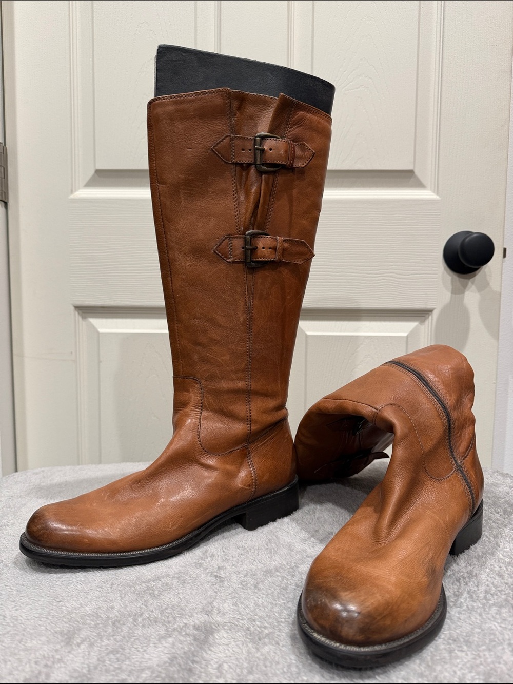 Clarks Women's Tall Tan Leather Riding Boots with Buckle Accents